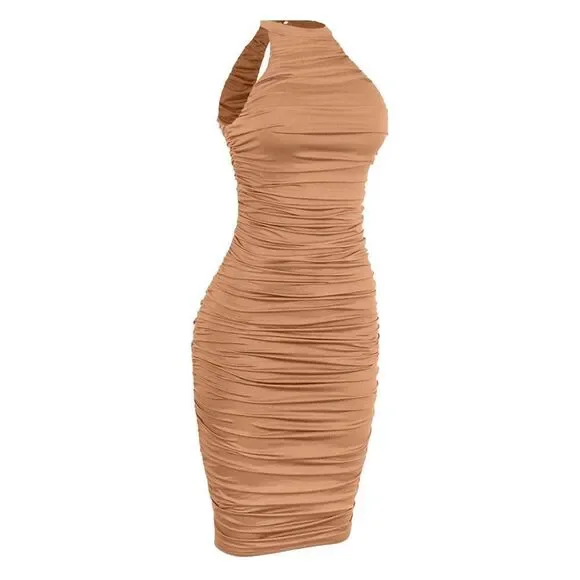 L'vow Dresses | Women's Sexy Ruched Halter Neck Bodycon Chic Stretchy Club Midi Pencil Dress | Color: Brown | Size: M | Days_Tactical's Closet